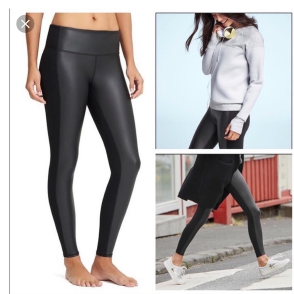 ATHLETA BLACK FAUX LEATHER FRONT LEGGINGS!